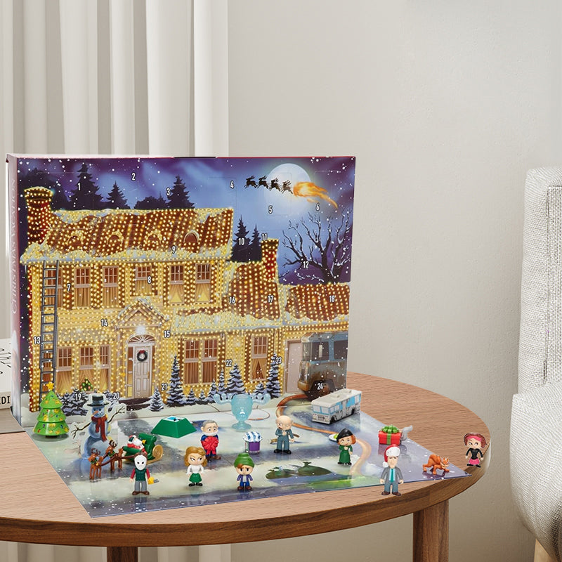 "Färgglad adventskalender 2024 med 24 luckor, julig design, papper, 21x18x3 cm, perfekt för familjeglädje i december."