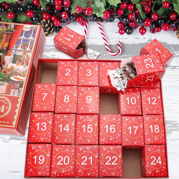 "Färgglad adventskalender 2024 med 24 luckor, julig design, papper, 21x18x3 cm, perfekt för familjeglädje i december."