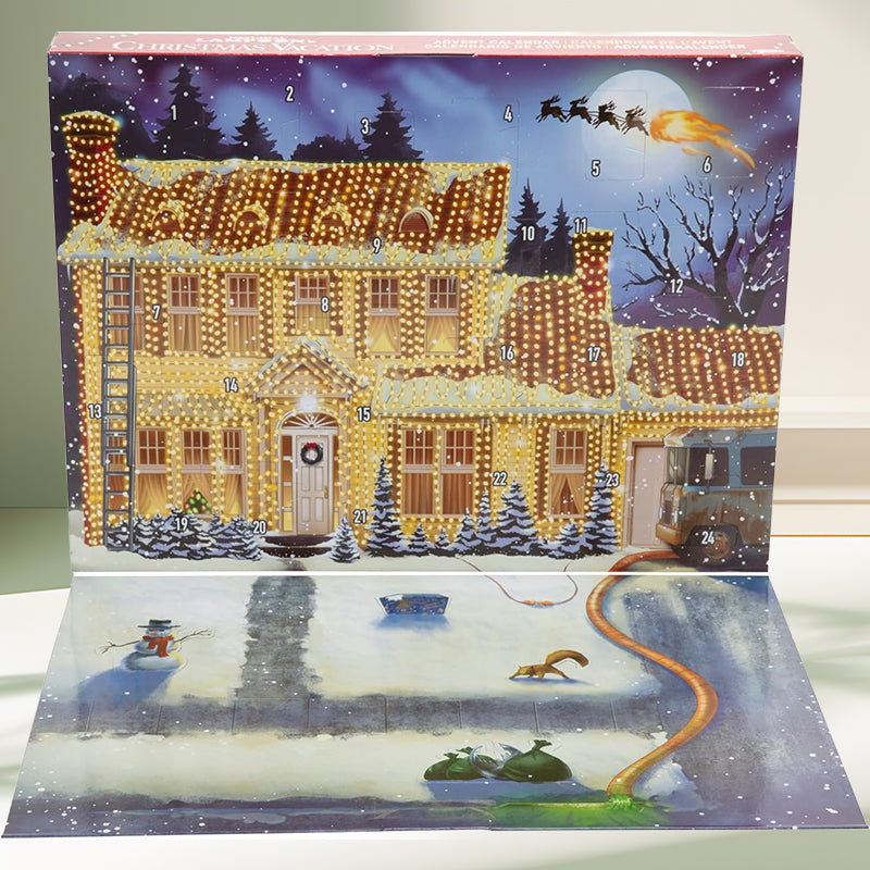 "Färgglad adventskalender 2024 med 24 luckor, julig design, papper, 21x18x3 cm, perfekt för familjeglädje i december."