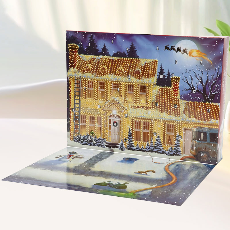 "Färgglad adventskalender 2024 med 24 luckor, julig design, papper, 21x18x3 cm, perfekt för familjeglädje i december."
