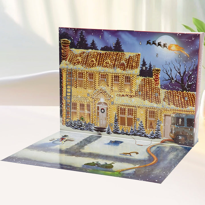 "Färgglad adventskalender 2024 med 24 luckor, julig design, papper, 21x18x3 cm, perfekt för familjeglädje i december."