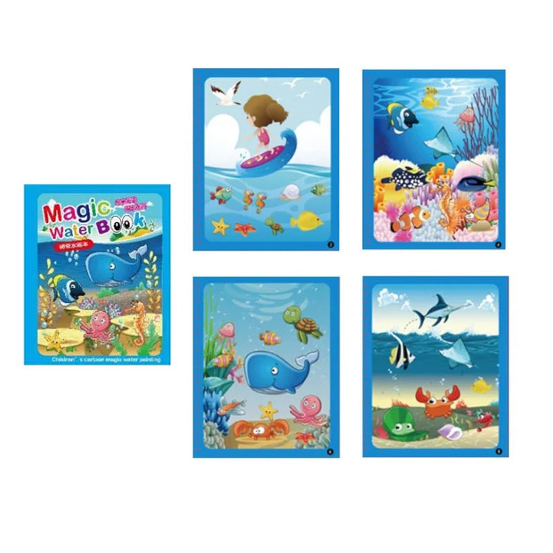 "Färgglad återskapningsbar vattenmålarbok för barn, perfekt för lärande och kreativitet med olika underbara teman."