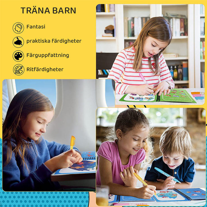 "Färgglad återskapningsbar vattenmålarbok för barn, perfekt för lärande och kreativitet med olika underbara teman."