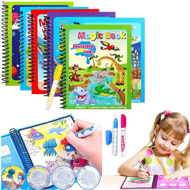 "Färgglad återskapningsbar vattenmålarbok för barn, perfekt för lärande och kreativitet med olika underbara teman."
