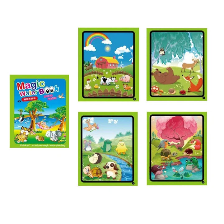 "Färgglad återskapningsbar vattenmålarbok för barn, perfekt för lärande och kreativitet med olika underbara teman."