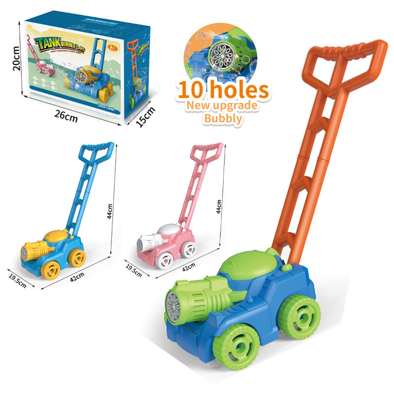 "Färgglad Bubble Mower leksaksgräsklippare för barn, producerar bubblor, perfekt för utomhuslek och motorikutveckling."