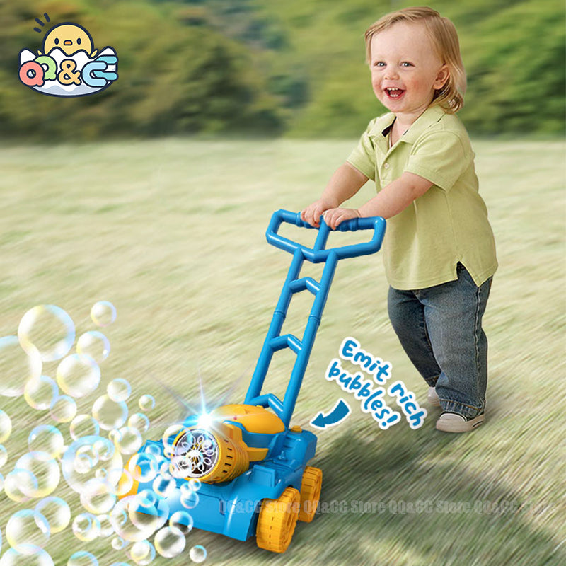 "Färgglad Bubble Mower leksaksgräsklippare för barn, producerar bubblor, perfekt för utomhuslek och motorikutveckling."