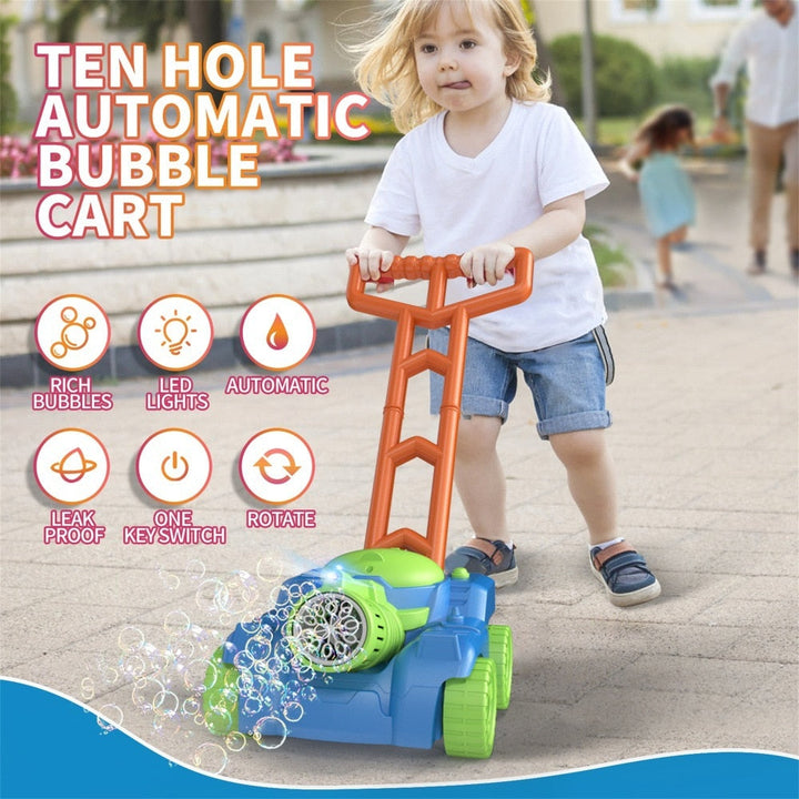 "Färgglad Bubble Mower leksaksgräsklippare för barn, producerar bubblor, perfekt för utomhuslek och motorikutveckling."