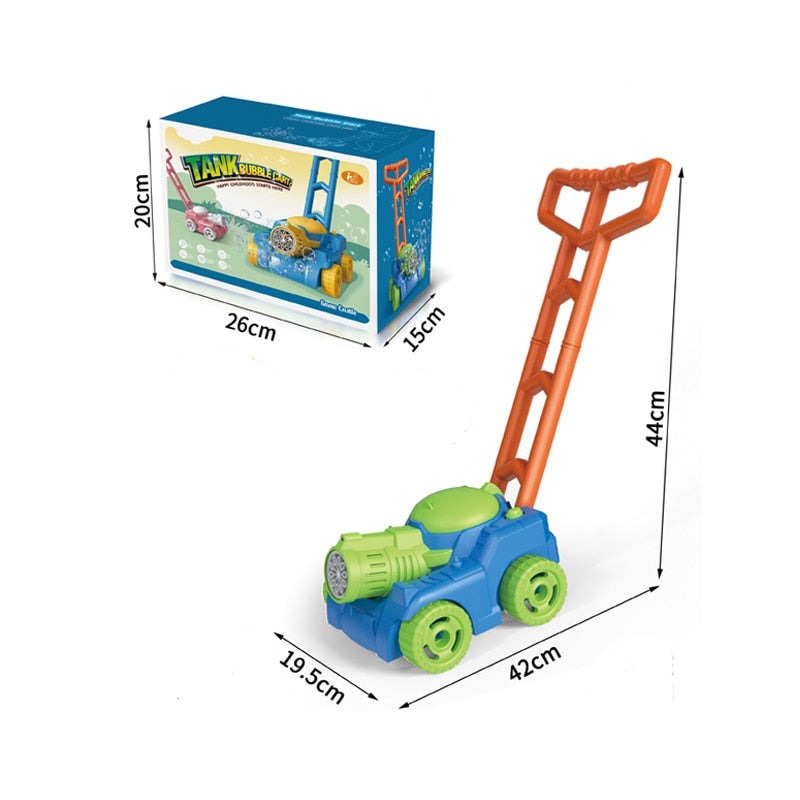 "Färgglad Bubble Mower leksaksgräsklippare för barn, producerar bubblor, perfekt för utomhuslek och motorikutveckling."