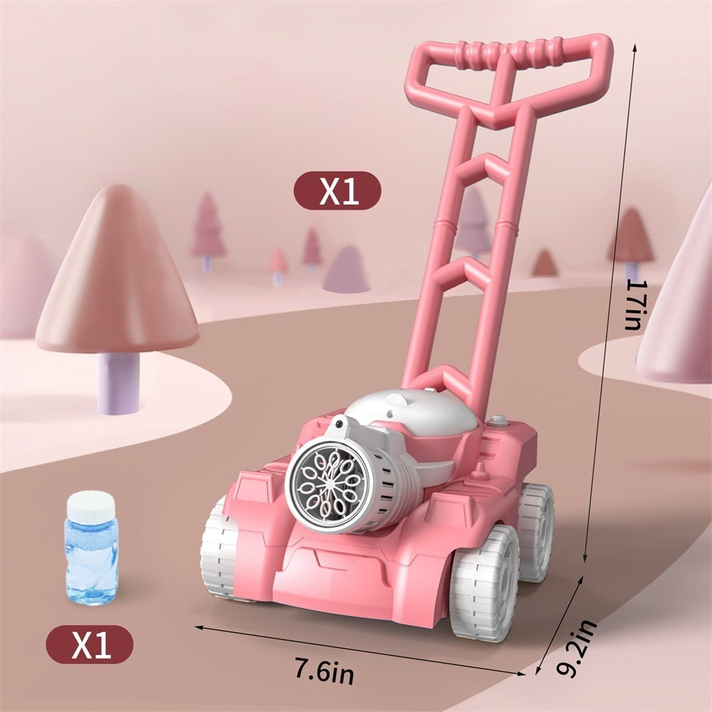 "Färgglad Bubble Mower leksaksgräsklippare för barn, producerar bubblor, perfekt för utomhuslek och motorikutveckling."
