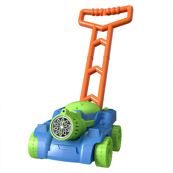 "Färgglad Bubble Mower leksaksgräsklippare för barn, producerar bubblor, perfekt för utomhuslek och motorikutveckling."