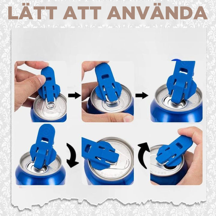 "Färgglad burköppnare i ABS-plast, kompakt design för köket, finns i lila, blå, grön, gul och orange."