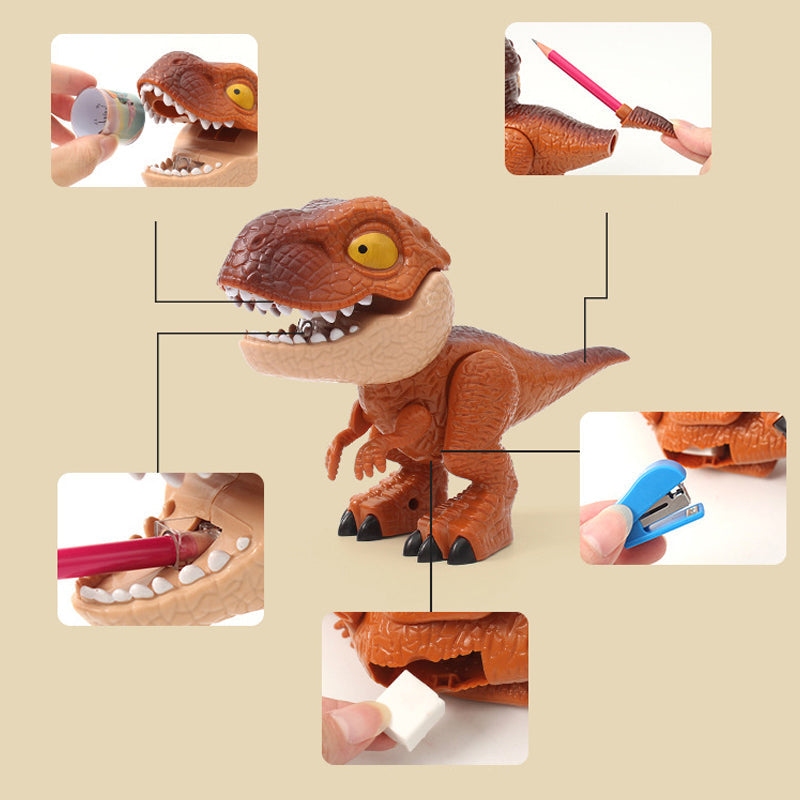"Färgglad dinosaurie brevpapper leksak med pennvässare, suddgummi och pennhållare, perfekt för barnens kreativitet."