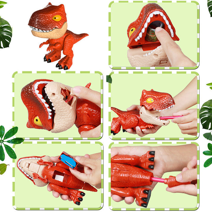 "Färgglad dinosaurie brevpapper leksak med pennvässare, suddgummi och pennhållare, perfekt för barnens kreativitet."