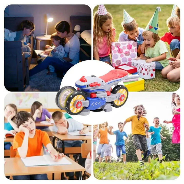 "Färgglad elektrisk barnmotorcykel med ljus och musik, ideal för kreativ lek och spännande äventyr i livfull design."