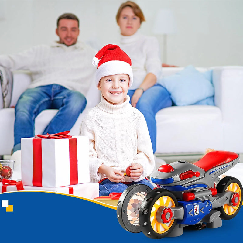 "Färgglad elektrisk barnmotorcykel med ljus och musik, ideal för kreativ lek och spännande äventyr i livfull design."