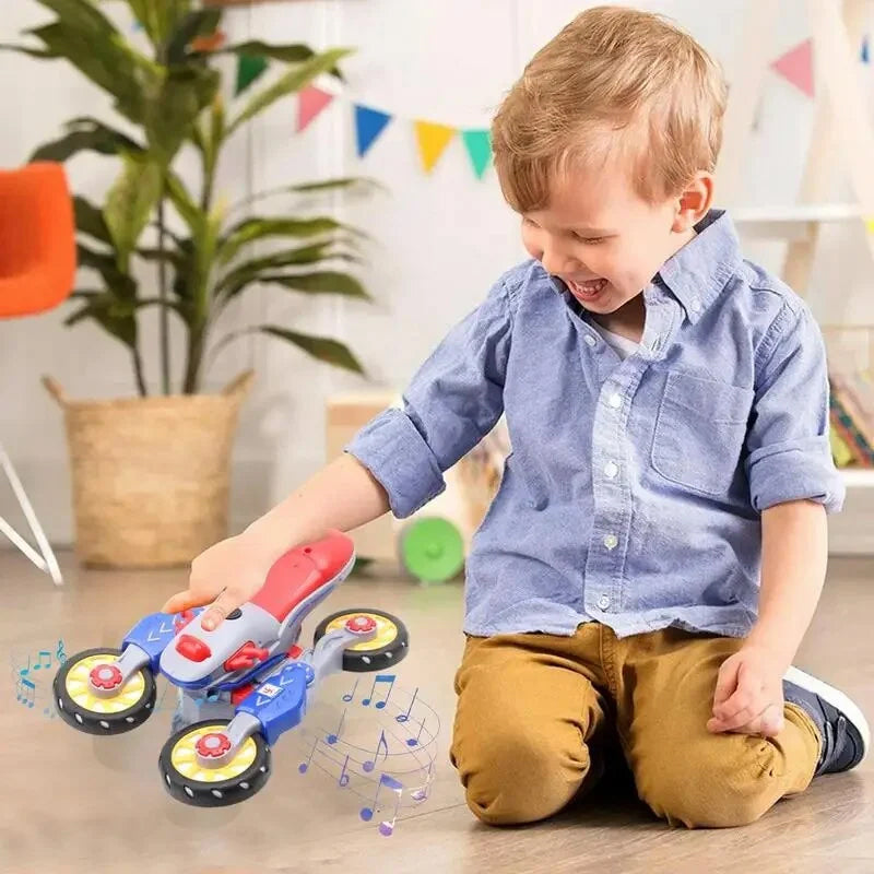 "Färgglad elektrisk barnmotorcykel med ljus och musik, ideal för kreativ lek och spännande äventyr i livfull design."