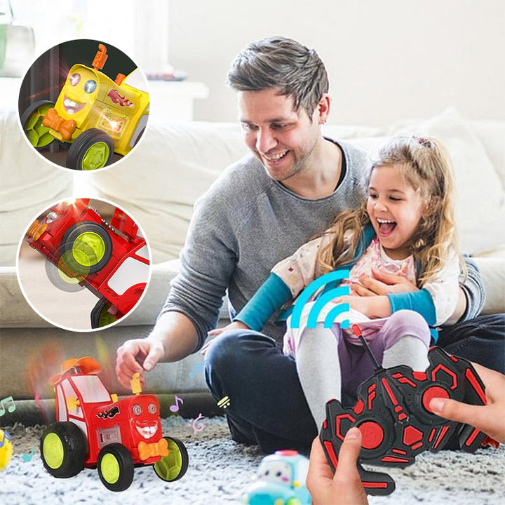 Färgglad fjärrstyrd stuntbil med bländande ljuseffekter; idealisk barnleksak för spänning och underhållning.