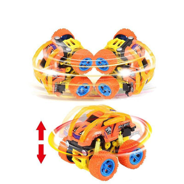 "Färgglad fyrhjulsdriven terrängbil för barn, med snurrfunktion, idealisk för kreativa leksessioner inomhus och utomhus."