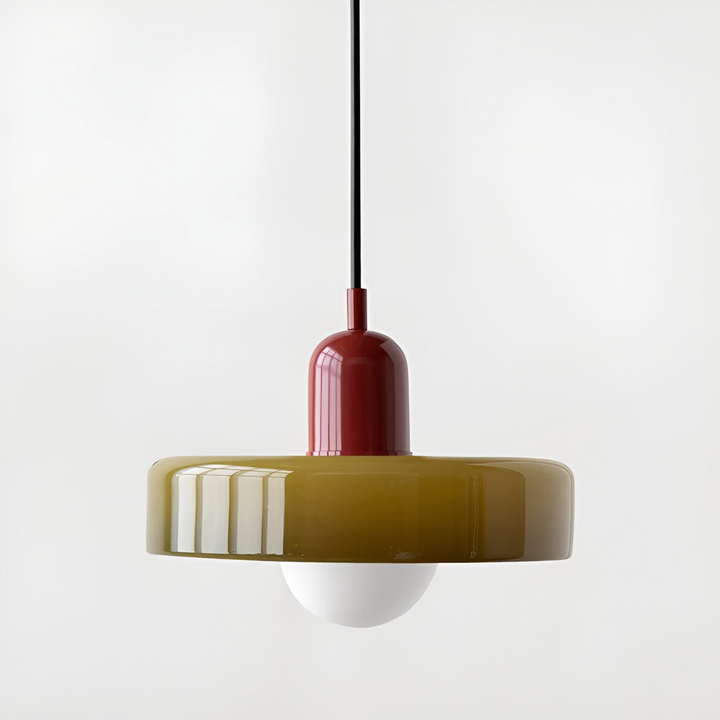 "Färgglad justerbar taklampa i glas, modern design med eleganta linjer och levande färger för stilfull belysning."