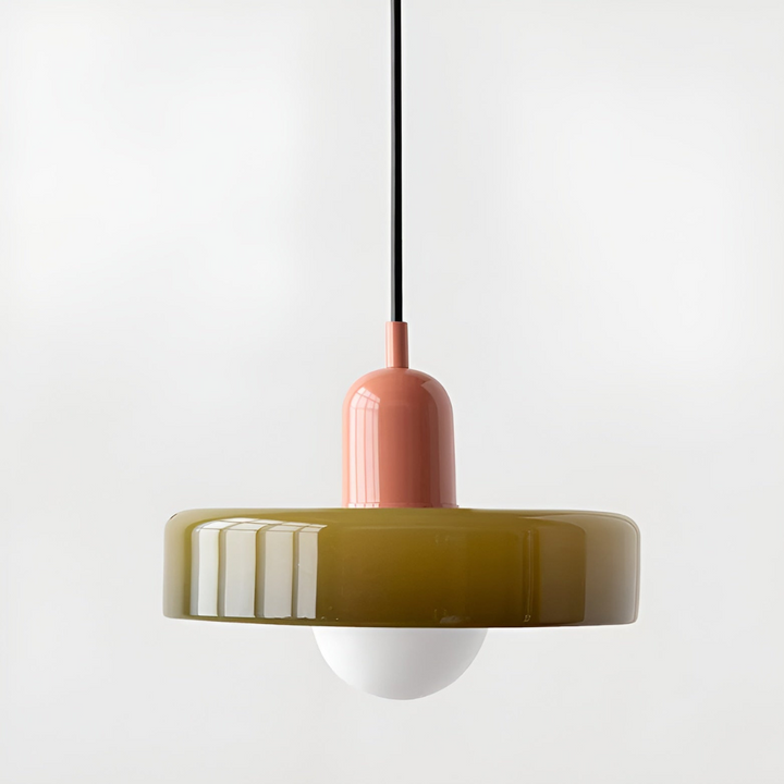 "Färgglad justerbar taklampa i glas, modern design med eleganta linjer och levande färger för stilfull belysning."