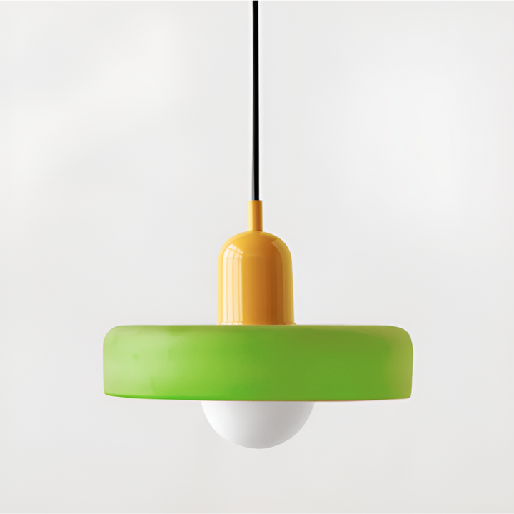 "Färgglad justerbar taklampa i glas, modern design med eleganta linjer och levande färger för stilfull belysning."