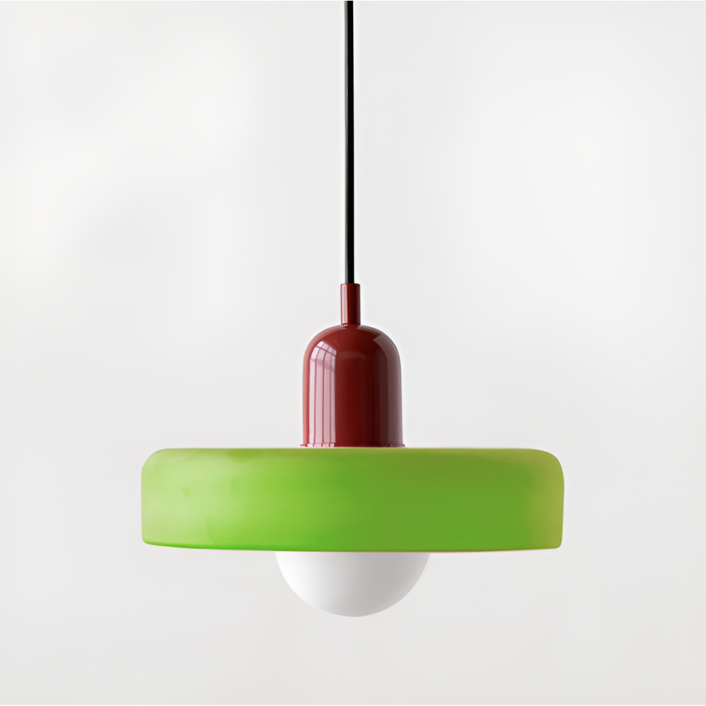 "Färgglad justerbar taklampa i glas, modern design med eleganta linjer och levande färger för stilfull belysning."