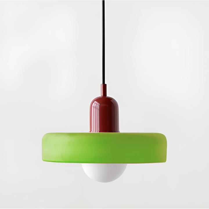 "Färgglad justerbar taklampa i glas, modern design med eleganta linjer och levande färger för stilfull belysning."