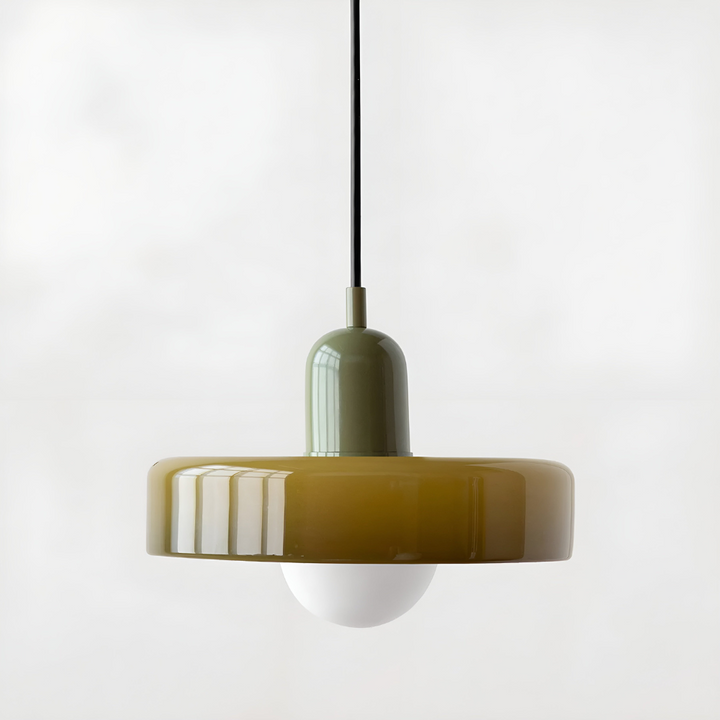 "Färgglad justerbar taklampa i glas, modern design med eleganta linjer och levande färger för stilfull belysning."