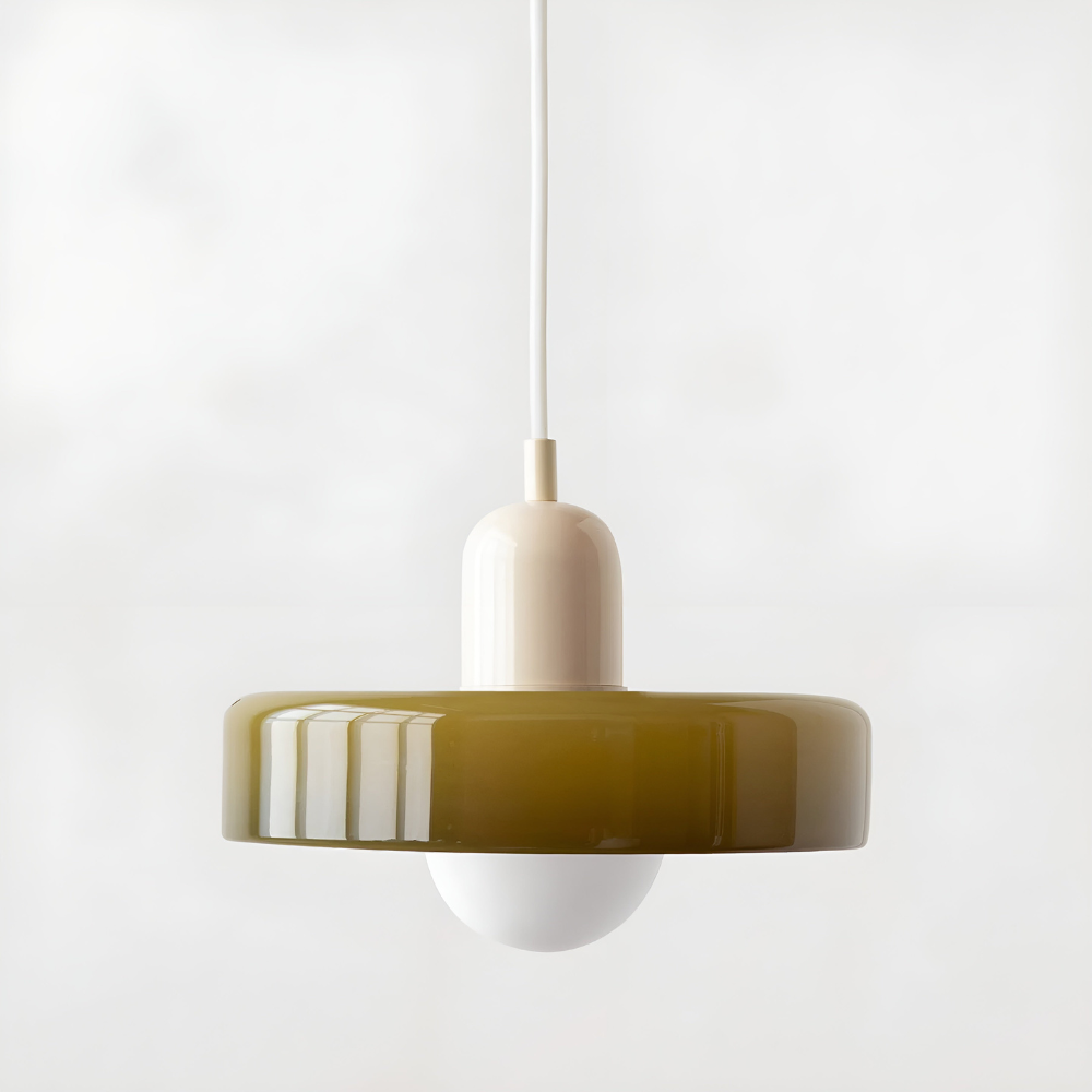 "Färgglad justerbar taklampa i glas, modern design med eleganta linjer och levande färger för stilfull belysning."