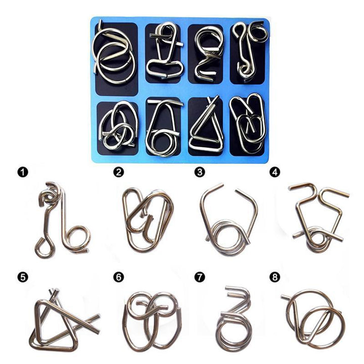 "Färgglad metallpusselring för barn, blå och gul design, utvecklar kreativitet och logiskt tänkande."