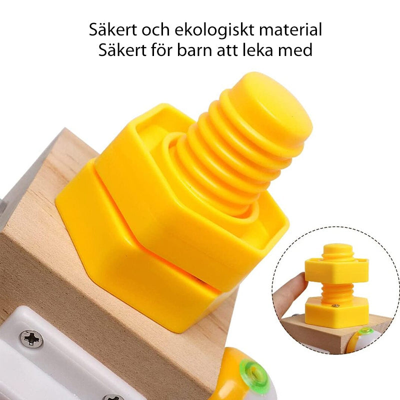 "Färgglad Montessori aktivitetskube av trä för småbarn, främjar lärande och kreativitet genom lek med säkra material."