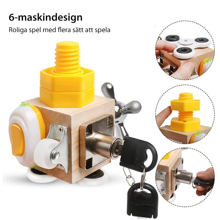 "Färgglad Montessori aktivitetskube av trä för småbarn, främjar lärande och kreativitet genom lek med säkra material."