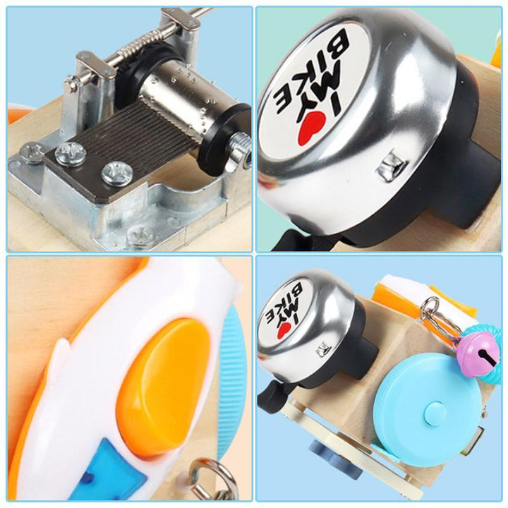 "Färgglad Montessori aktivitetskube av trä för småbarn, främjar lärande och kreativitet genom lek med säkra material."