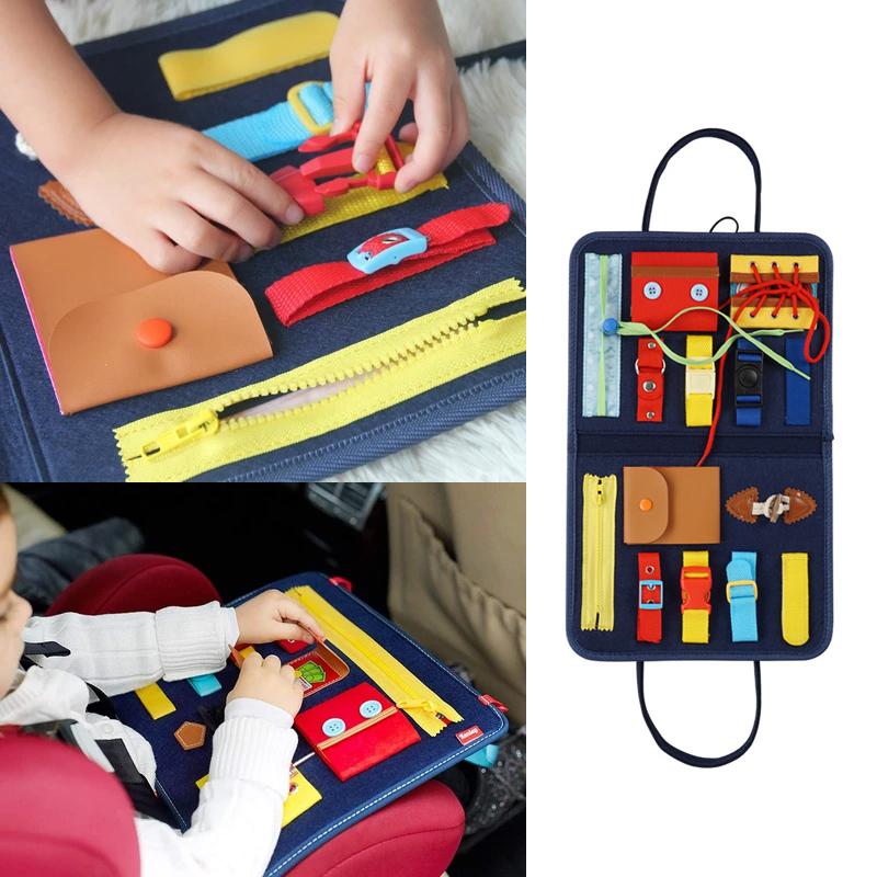 "Färgglad Montessori sysselbräda i trä med olika spännen, dragkedja och snäpplås för barn 2–7 år."