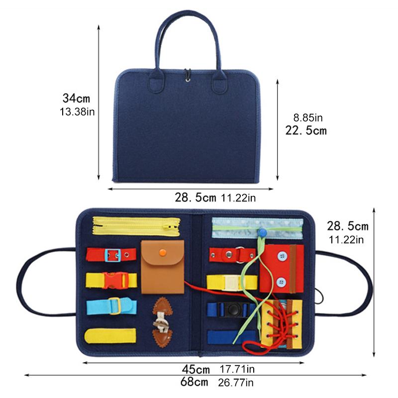 "Färgglad Montessori sysselbräda i trä med olika spännen, dragkedja och snäpplås för barn 2–7 år."