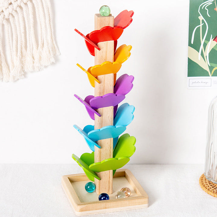 "Färgglad Montessori träleksak för barn, trädform med glaskulor, främjar hand-ögonkoordination, robust och giftfri"