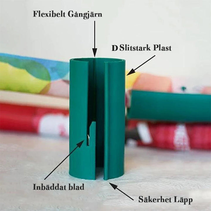 "Färgglad och ergonomisk omslagspappersskärare med säkerhetsblad för jämna klipp vid julklappsinslagning."