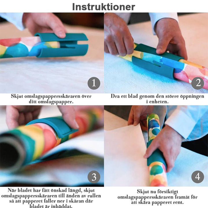"Färgglad och ergonomisk omslagspappersskärare med säkerhetsblad för jämna klipp vid julklappsinslagning."