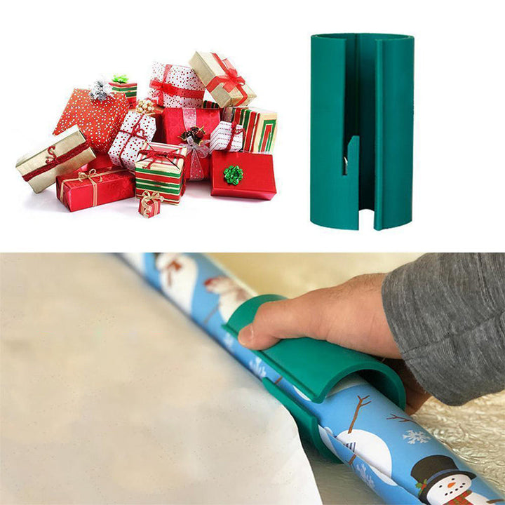 "Färgglad och ergonomisk omslagspappersskärare med säkerhetsblad för jämna klipp vid julklappsinslagning."