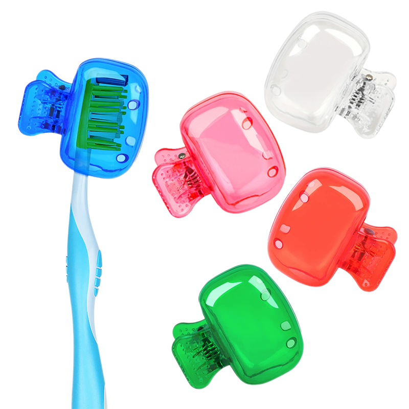 "Färgglad plasttandborstskyddshylsa, set med fem olika färger: transparent, blå, röd, grön, rosa. Idealisk för resor."