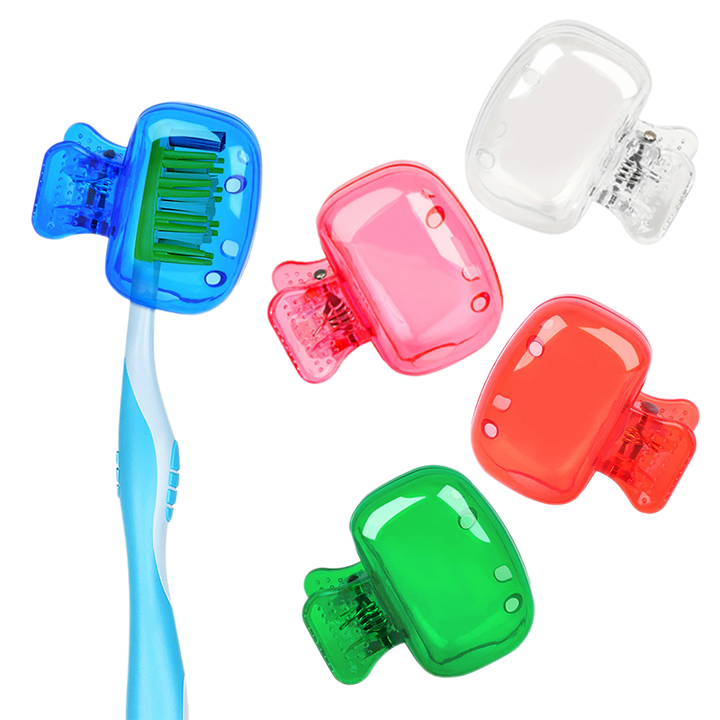 "Färgglad plasttandborstskyddshylsa, set med fem olika färger: transparent, blå, röd, grön, rosa. Idealisk för resor."