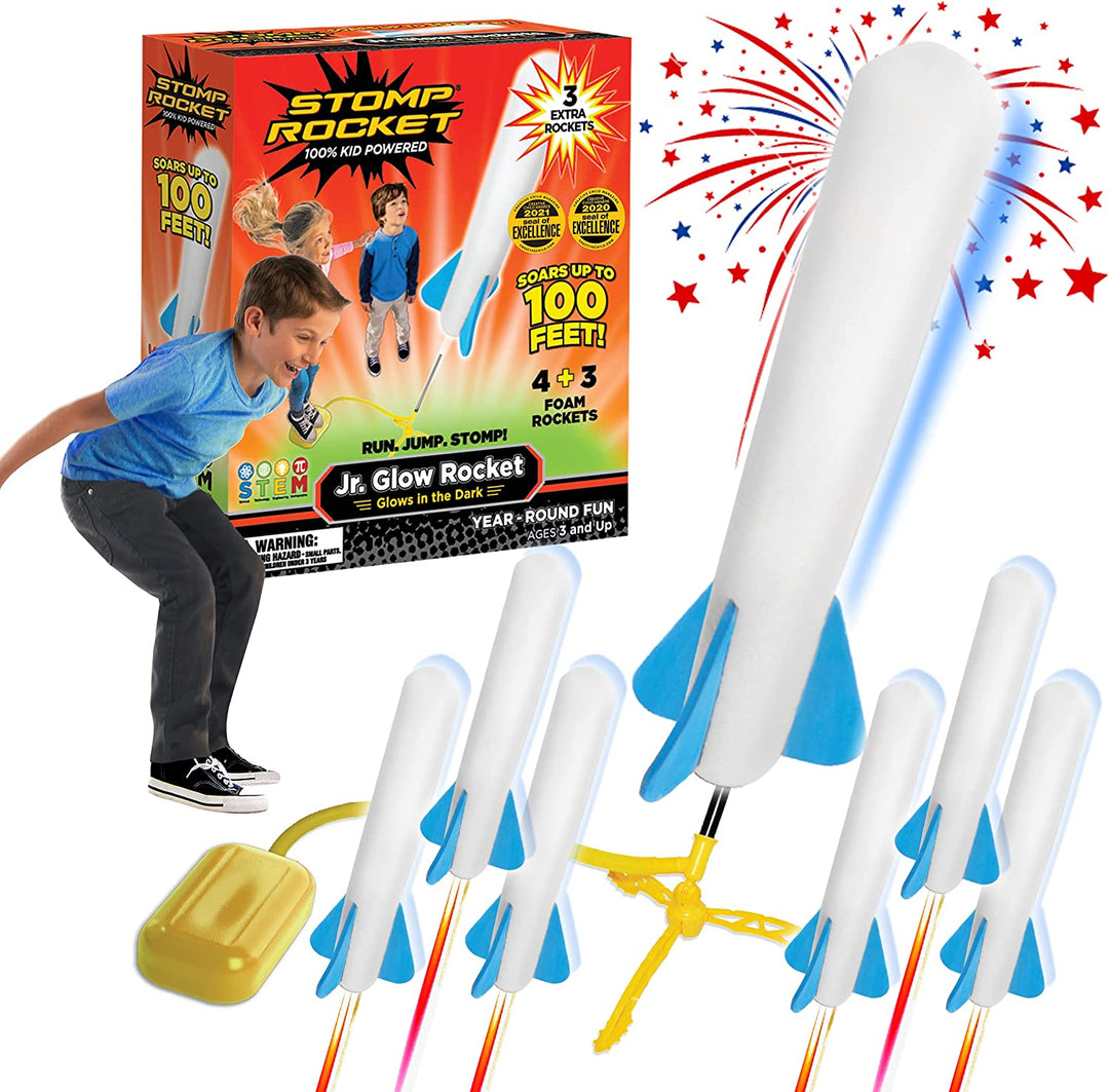 "Färgglad RocketLaunch™ leksak för barn, främjar STEM-lärande, kan skjutas upp till 35 meter, säker och batterifri."