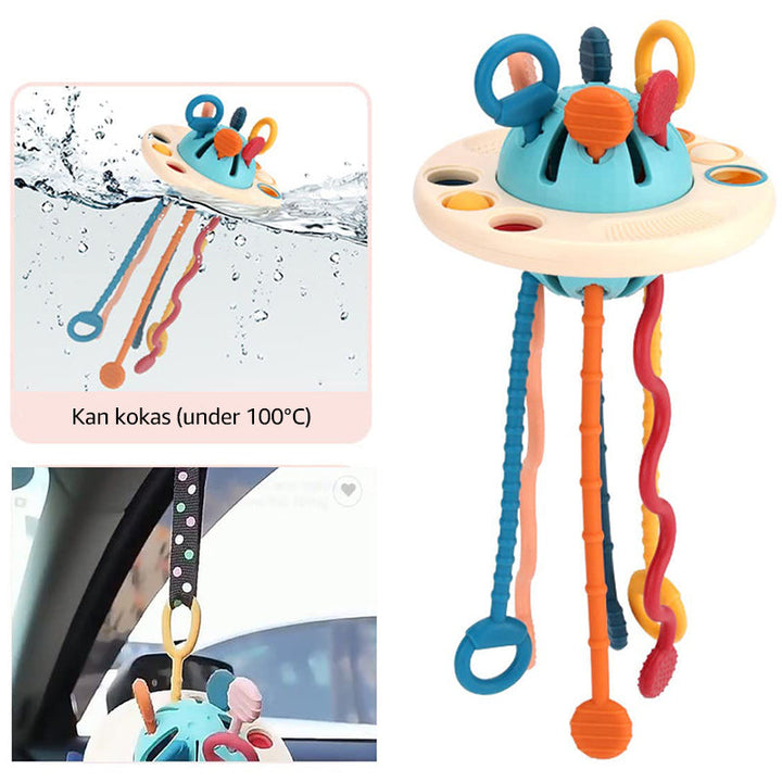 Färgglad silikon UFO-leksak för barn; säker, interaktiv, idealisk för resor och lek, främjar finmotorik och fantasi.