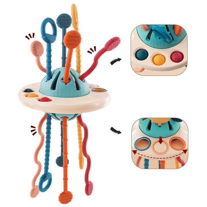 Färgglad silikon UFO-leksak för barn; säker, interaktiv, idealisk för resor och lek, främjar finmotorik och fantasi.