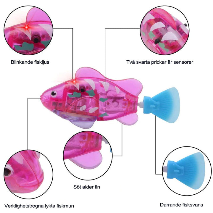 "Färgglad simrobot fiskleksak för husdjur, interaktiv och simulerande, med blinkande LED för katt eller hund."