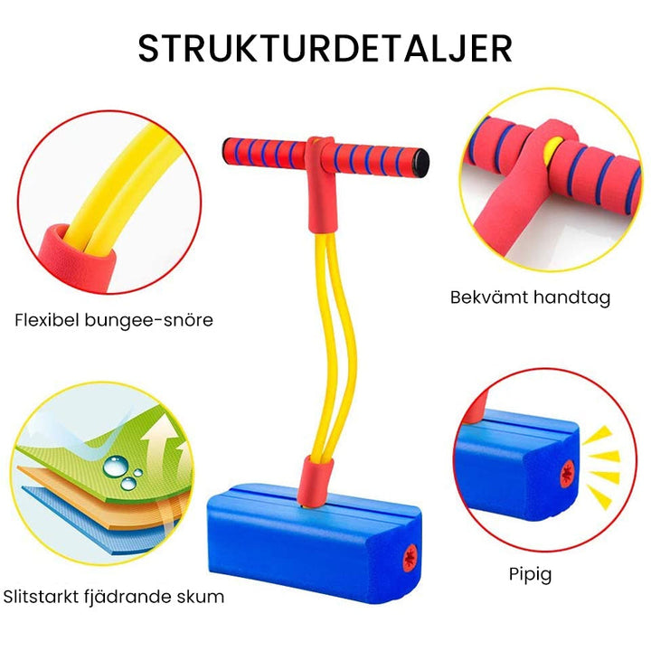 "Färgglad skum Pogo Hopper för barn med ljus och ljud, bekväma handtag och mjuk bas för säker inomhuslek."