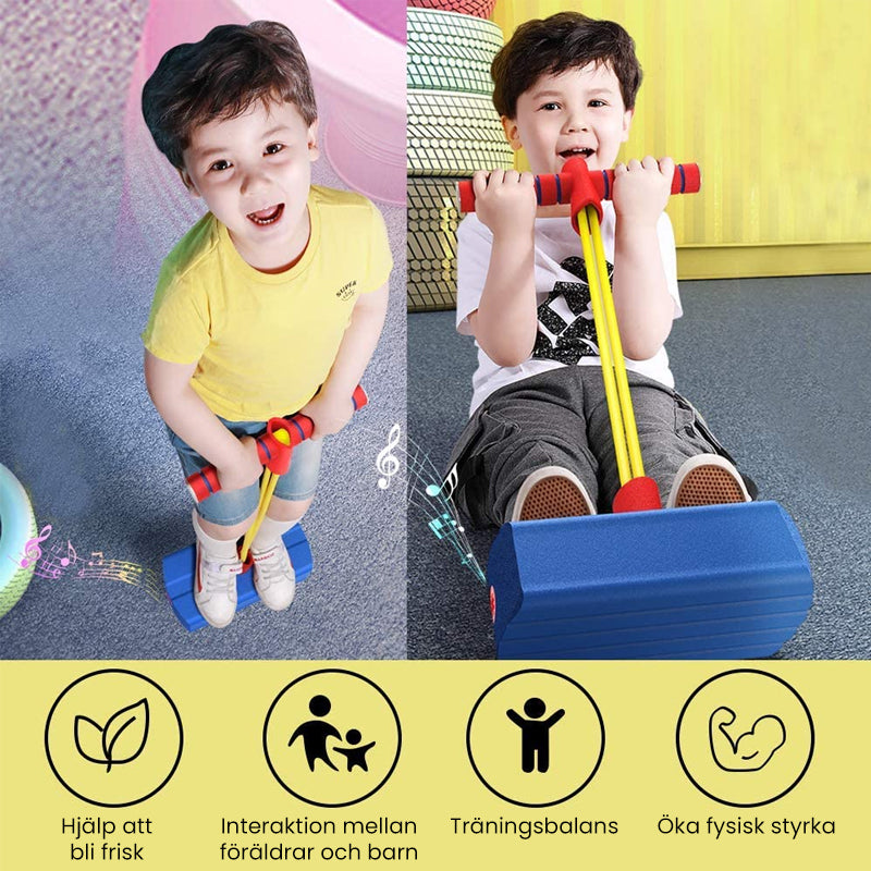 "Färgglad skum Pogo Hopper för barn med ljus och ljud, bekväma handtag och mjuk bas för säker inomhuslek."