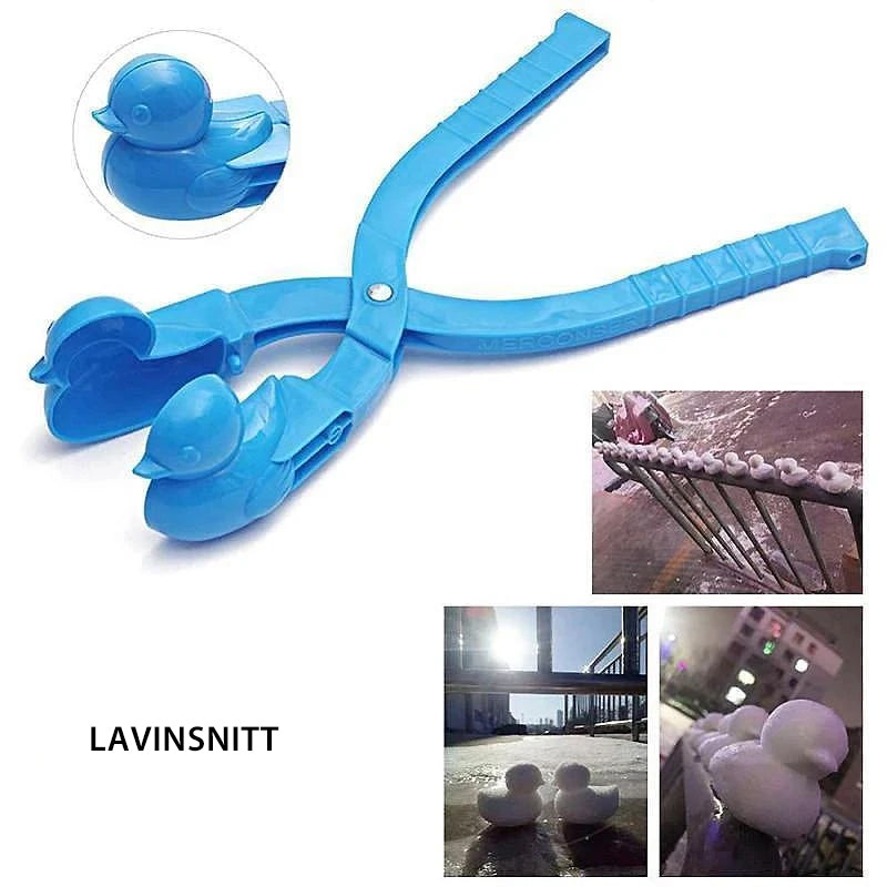"Färgglad Snow Duck barnlekform i plast för snö och sand, ergonomisk design för enkel formning av ankor utomhus."