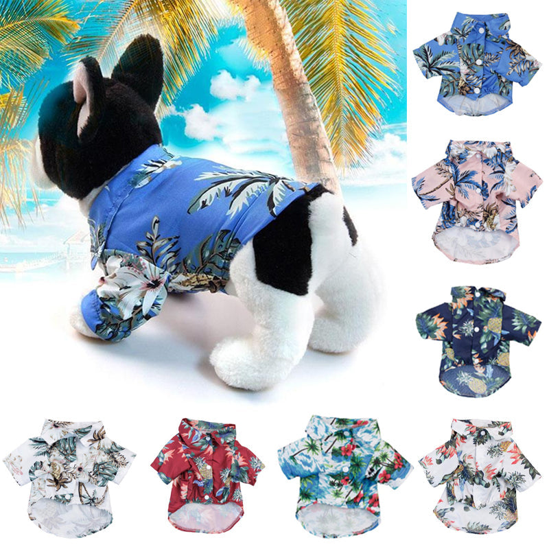 "Färgglad sommar Hawaiian t-shirt för husdjur i lätt polyester, blommönster för stil och komfort vid alla tillfällen."